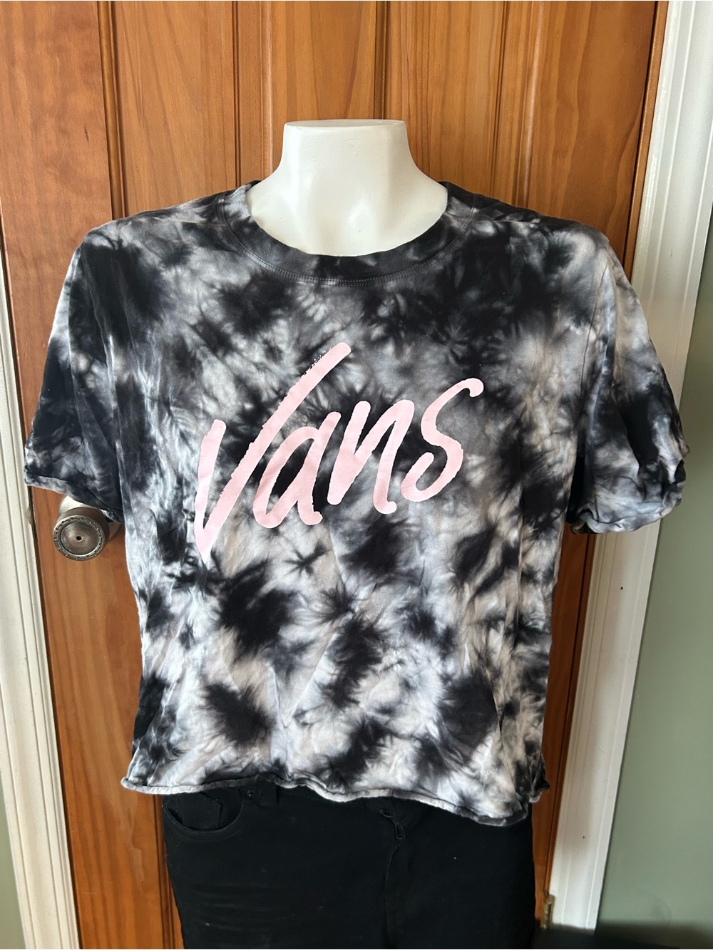 Vans Black & White Tie-Dye Crop Tee with Pink Logo
